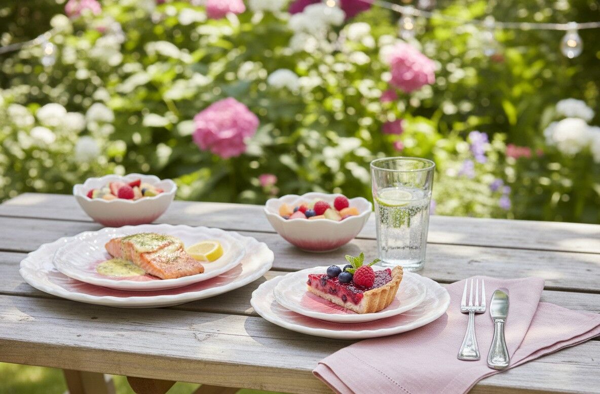 Assiette à dessert rose Capri 20,5 cm, mise en situation