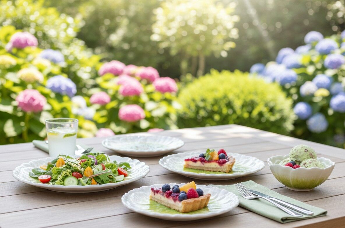 Assiette plate verte Capri 26 cm, ambiance estivale