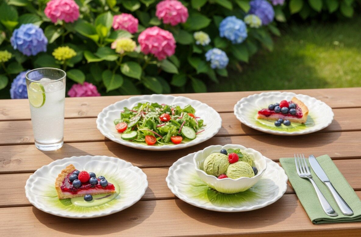 Assiette plate verte Capri 26 cm, mise en situation