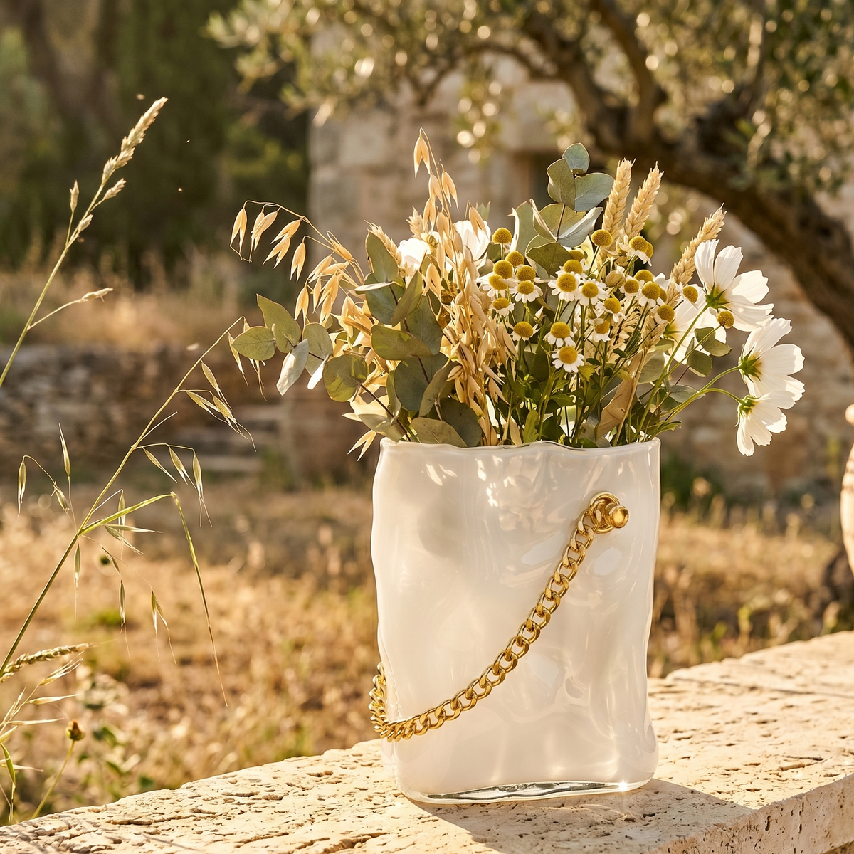 Vase sac en verre blanc à anse dorée, détail — Aulica