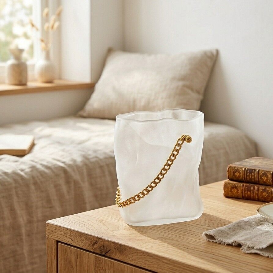 Vase sac en verre blanc à anse dorée, mise en situation — Aulica