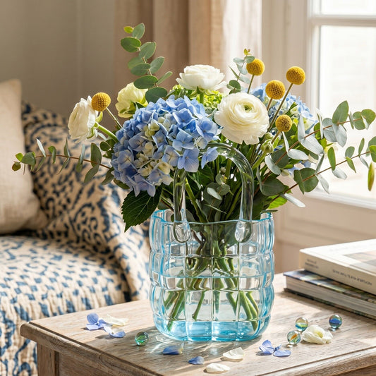Vase sac matelassé bleu, détail du relief — Aulica