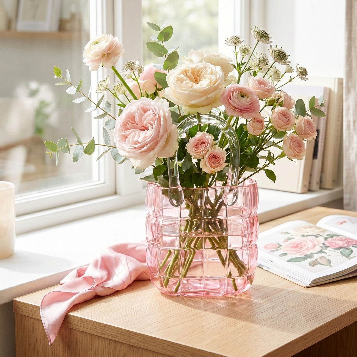 Vase sac matelassé rose, détail du relief