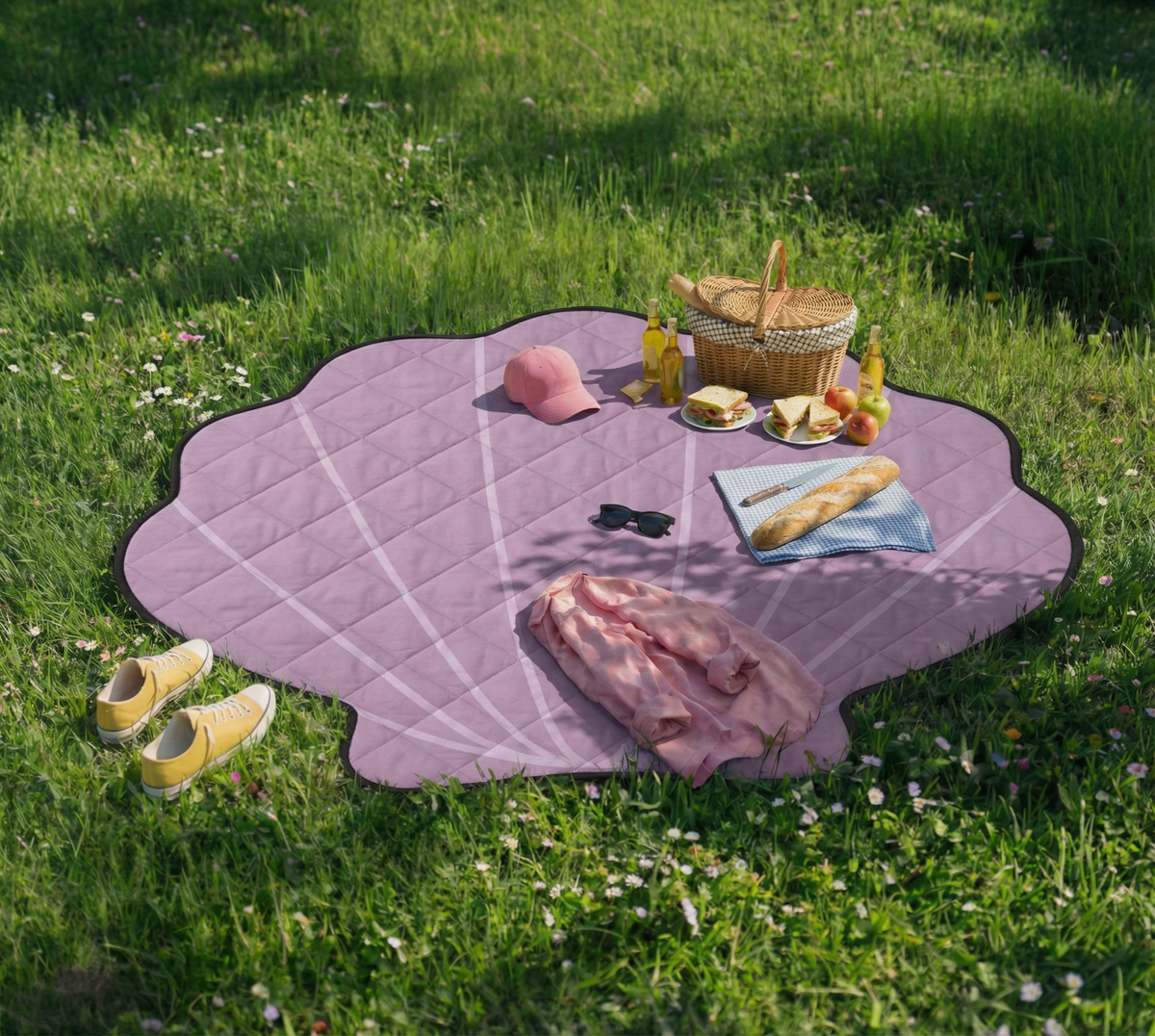 Couverture de pique-nique Coquillage Marin lilas dépliée sur l'herbe avec un goûter