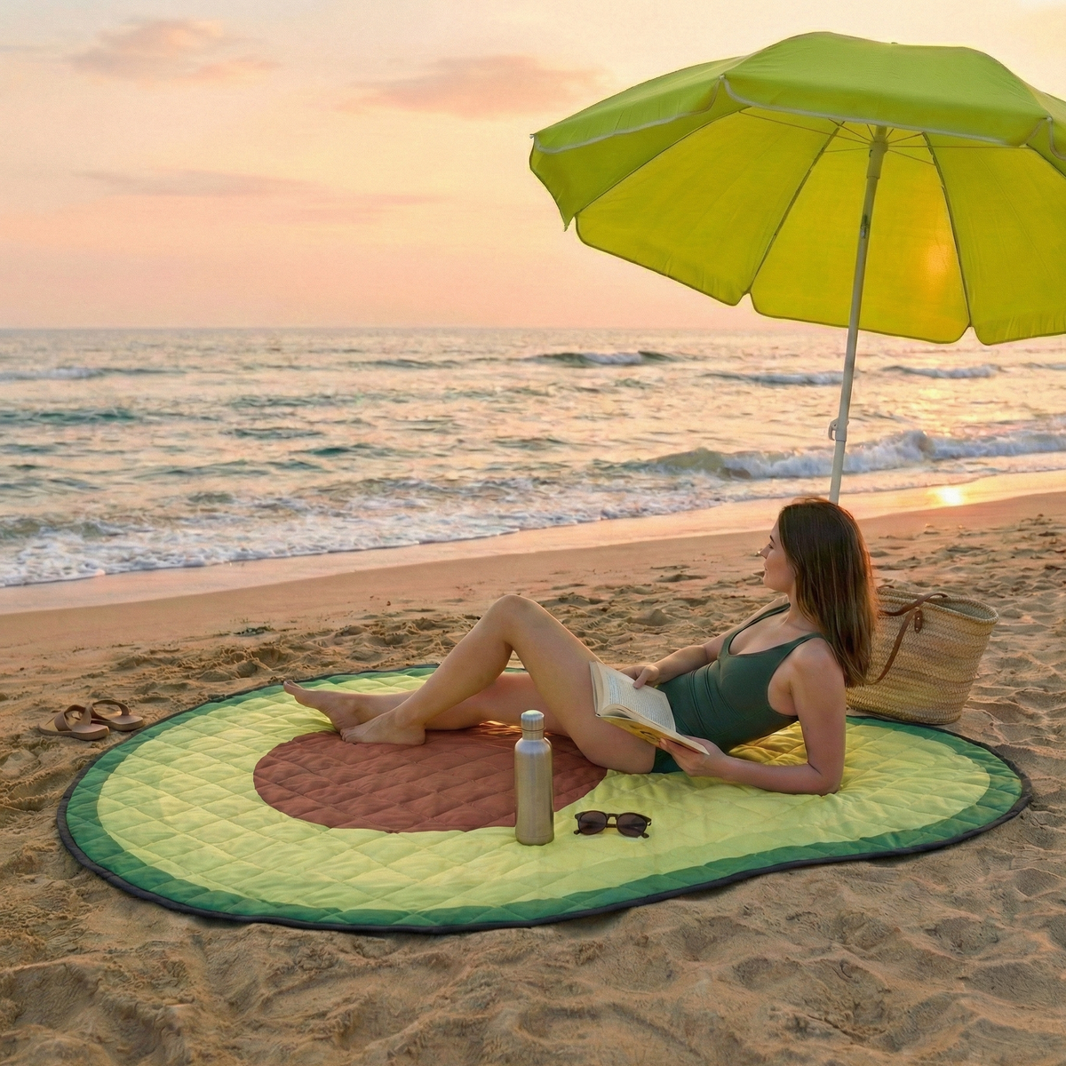 Couverture de pique-nique Avo Chill en forme d'avocat sur la plage sous un parasol