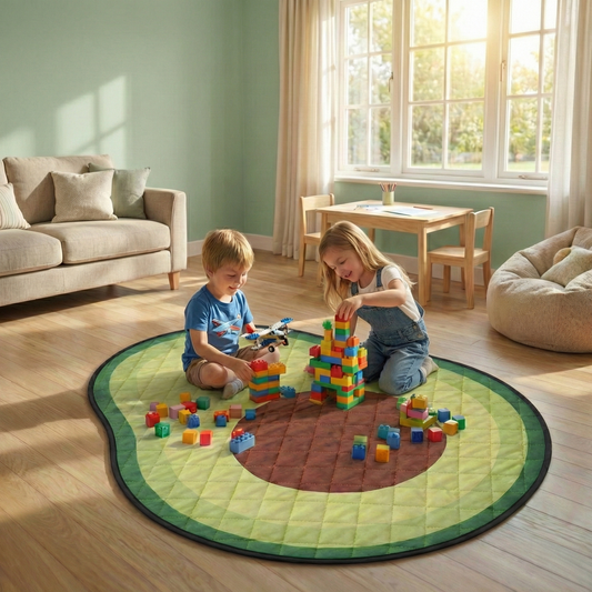 Tapis de jeu Avo Chill en forme d'avocat dans un salon, enfants jouant