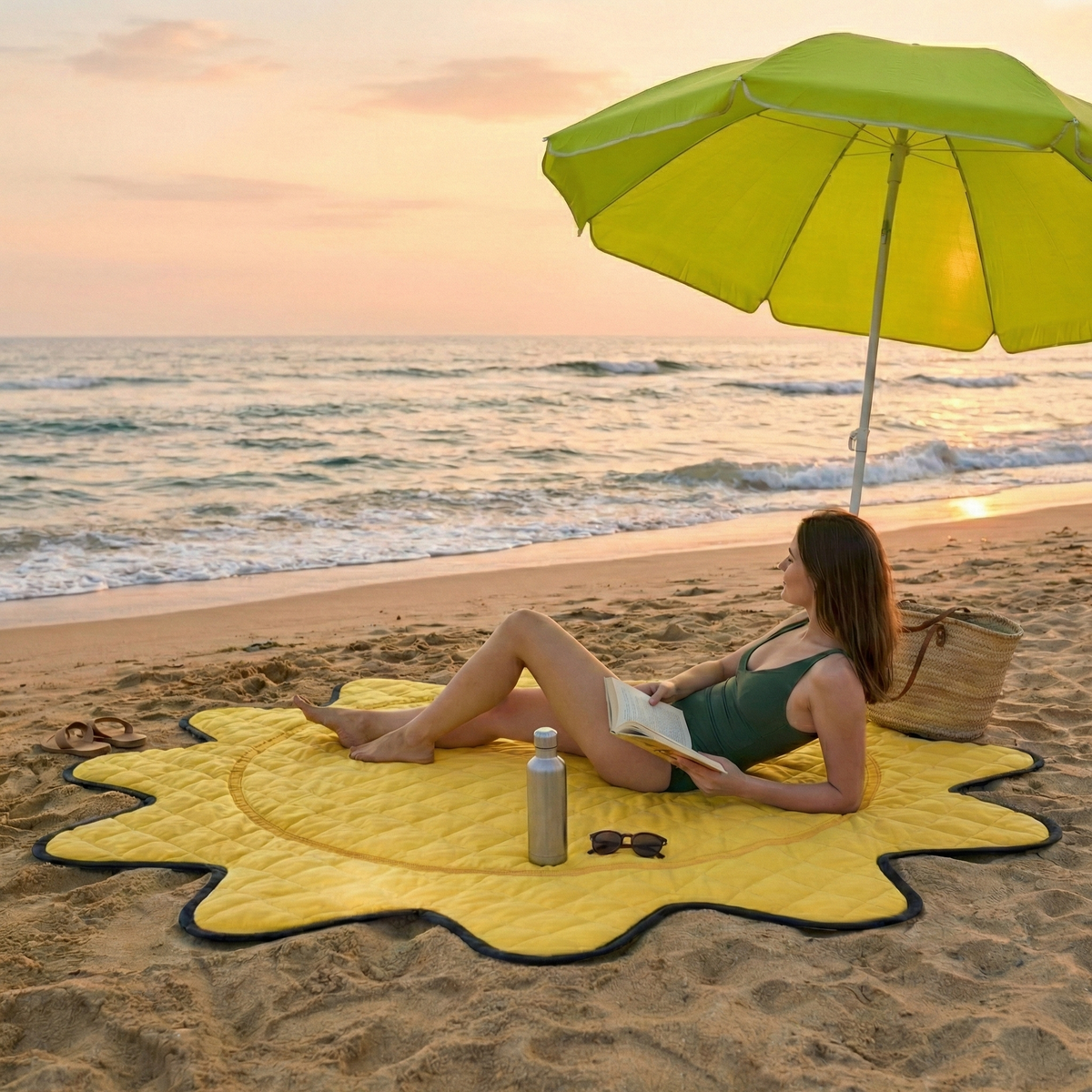 Couverture de pique-nique jaune Sunny Side dépliée sur la plage sous un parasol