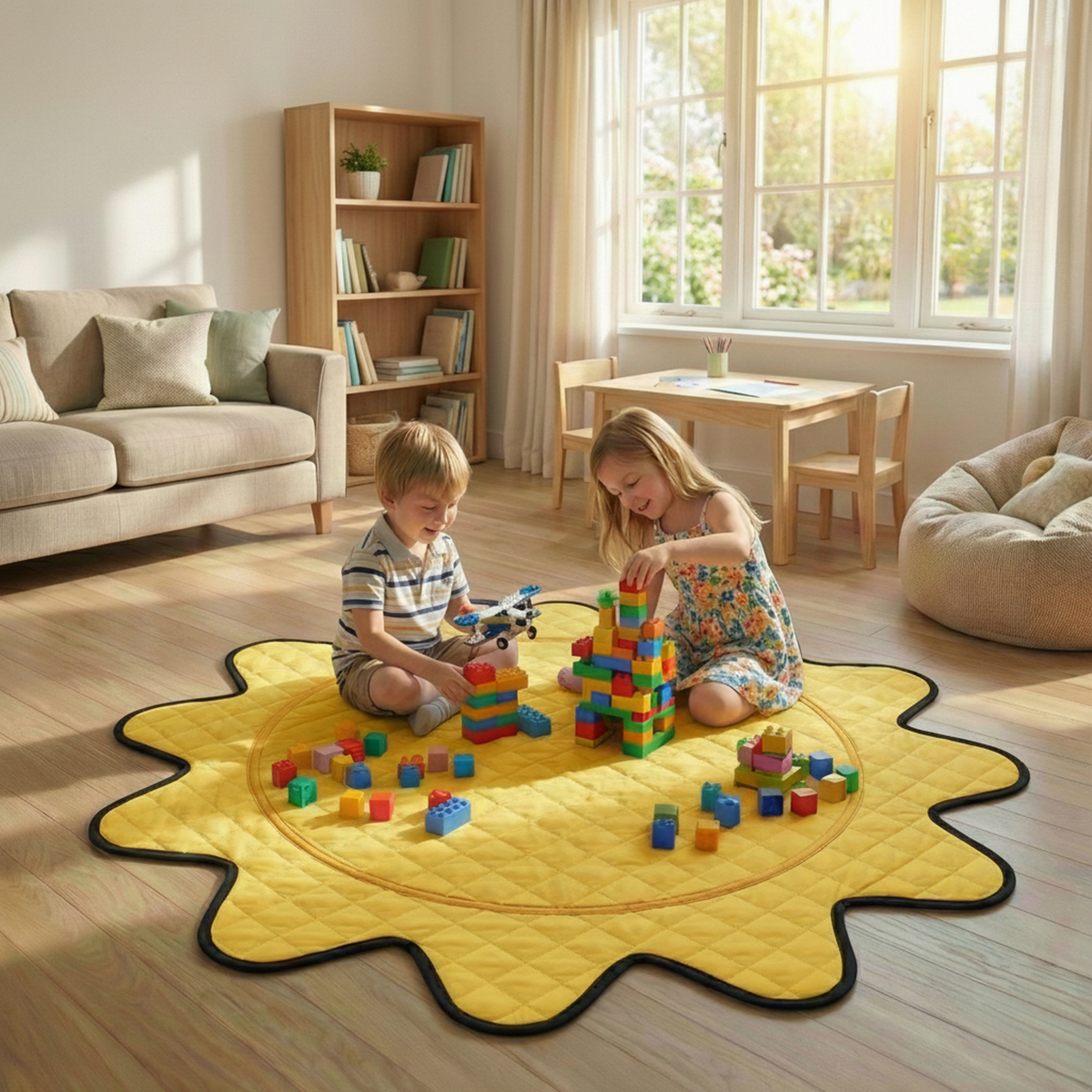 Tapis de jeu Sunny Side en forme de soleil dans un salon, enfants jouant
