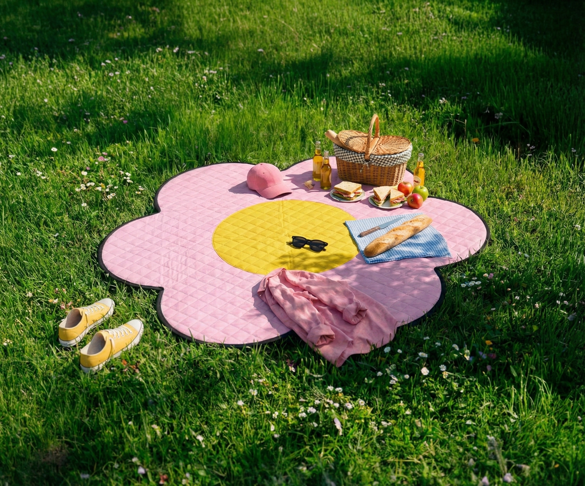 Couverture de pique-nique Flower Power dépliée sur l'herbe avec un panier de pique-nique