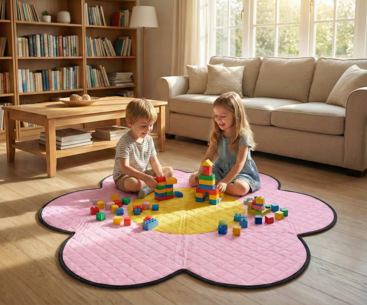 Tapis de jeu Flower Power en forme de fleur dans un salon, enfants jouant