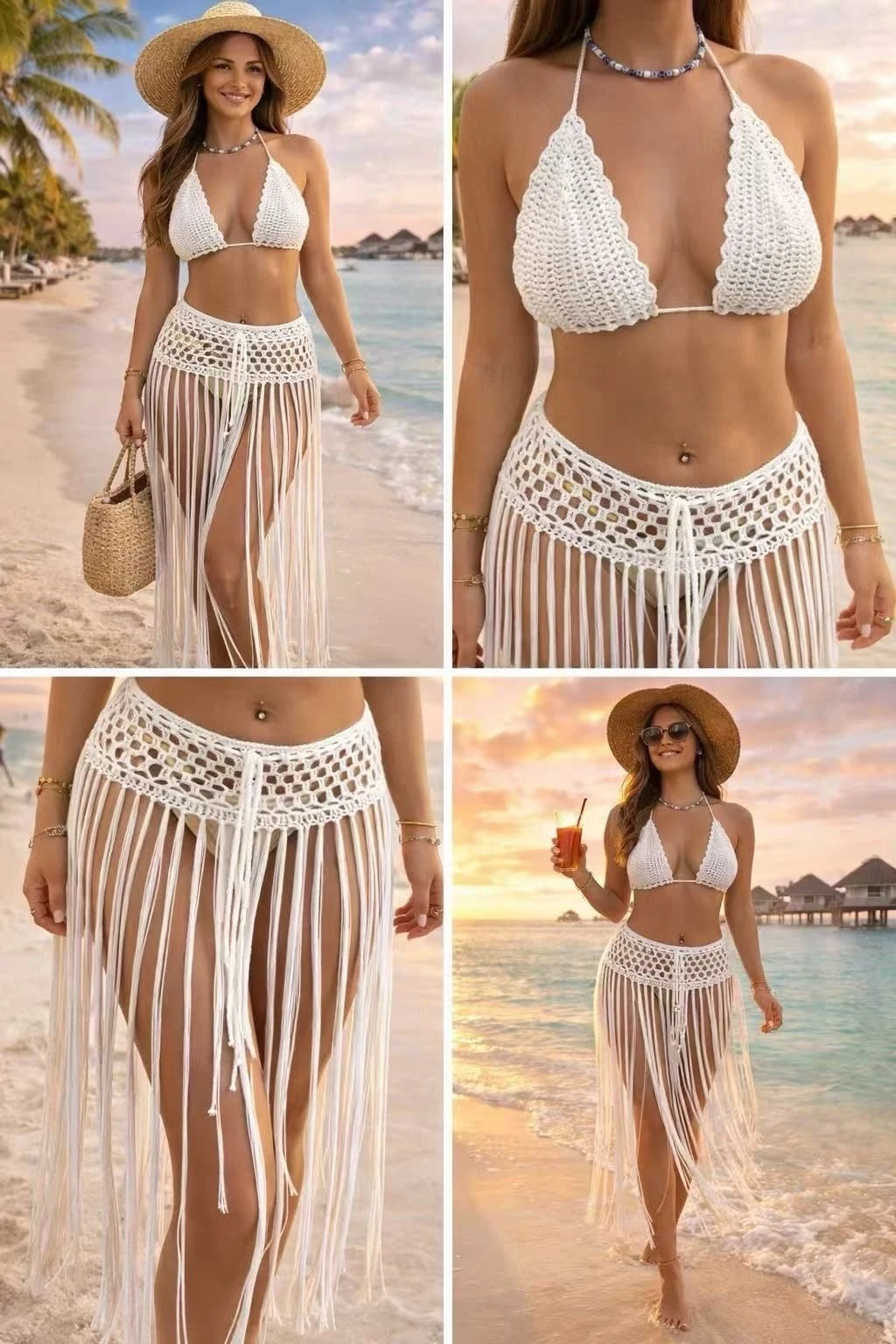 Ensemble crochet à franges – Top dos nu & jupe de plage