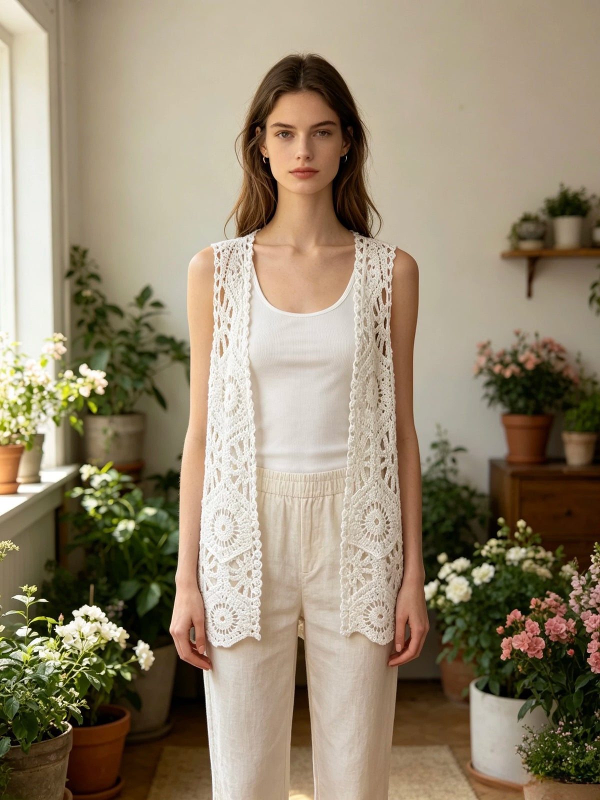 Gilet long sans manches au crochet ajouré – Motifs floraux