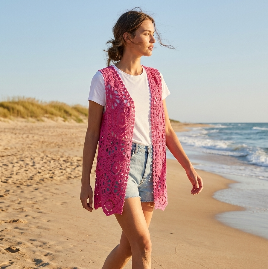Gilet long sans manches au crochet ajouré – Motifs floraux