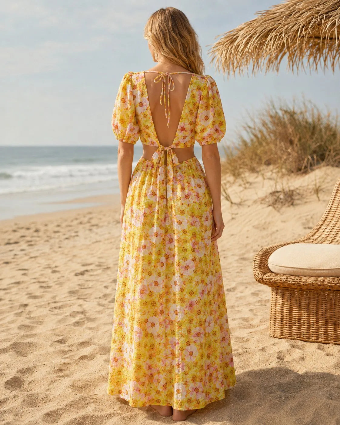 Robe maxi fleurie à découpes et dos nu