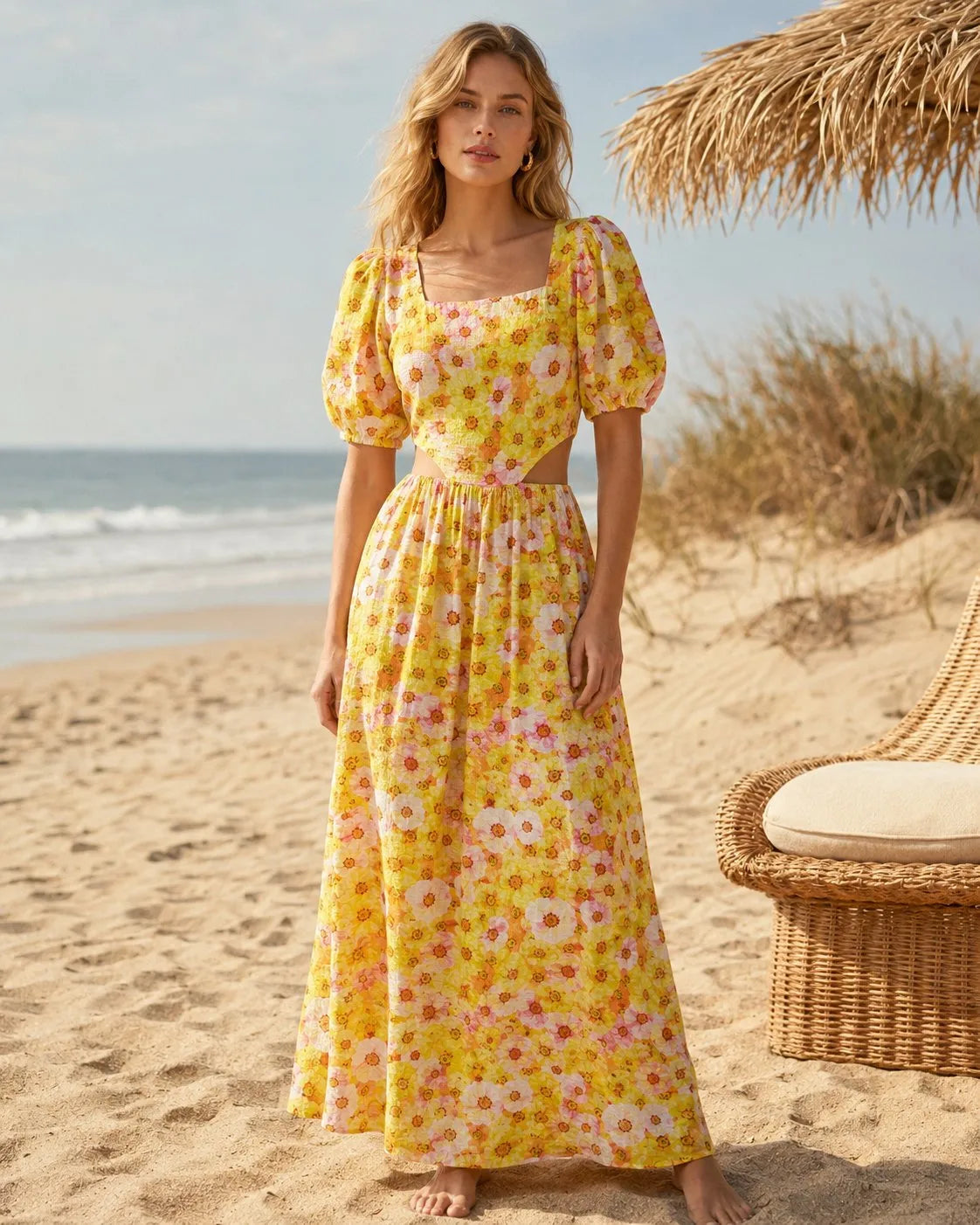 Robe maxi fleurie à découpes et dos nu