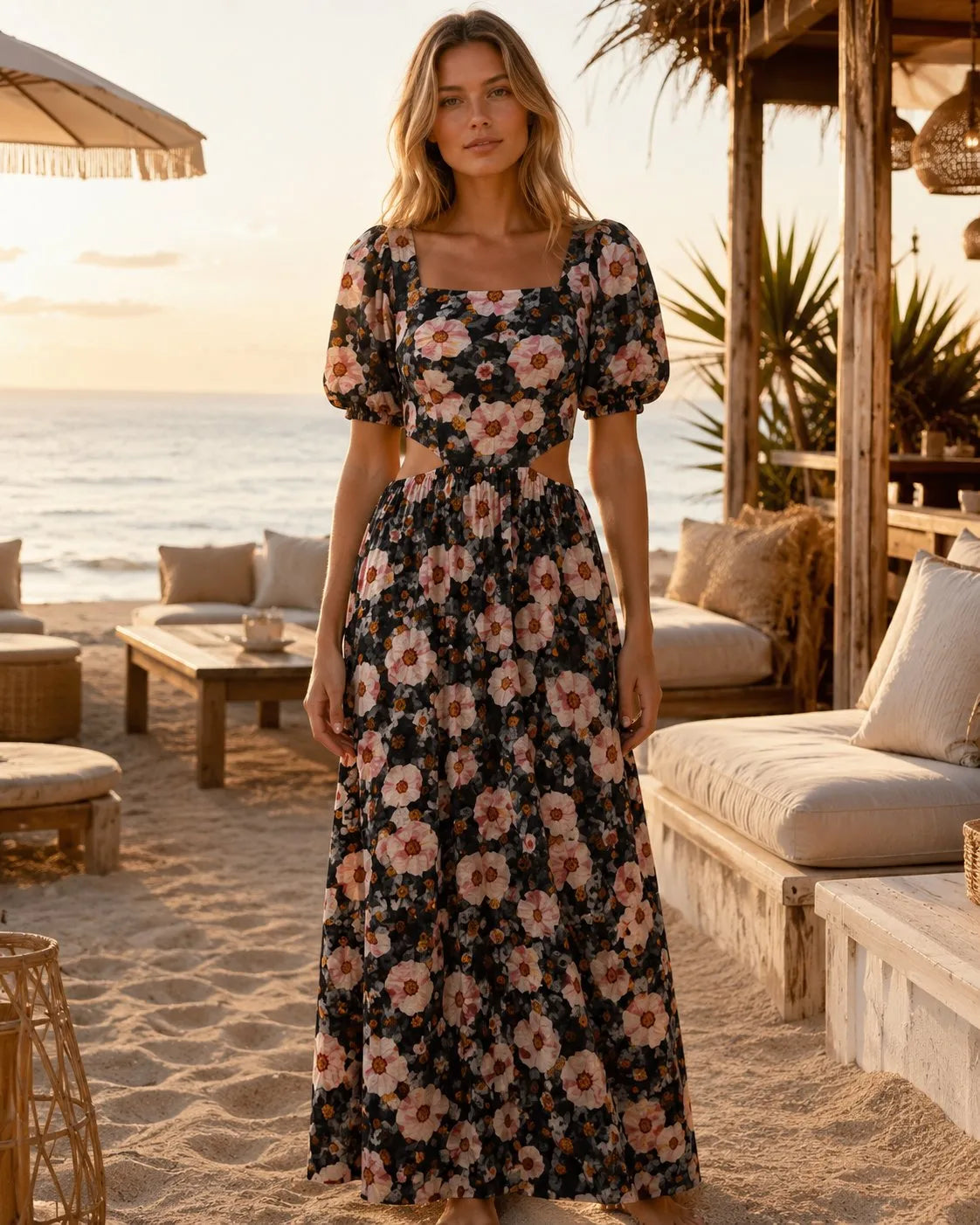 Robe maxi fleurie à découpes et dos nu