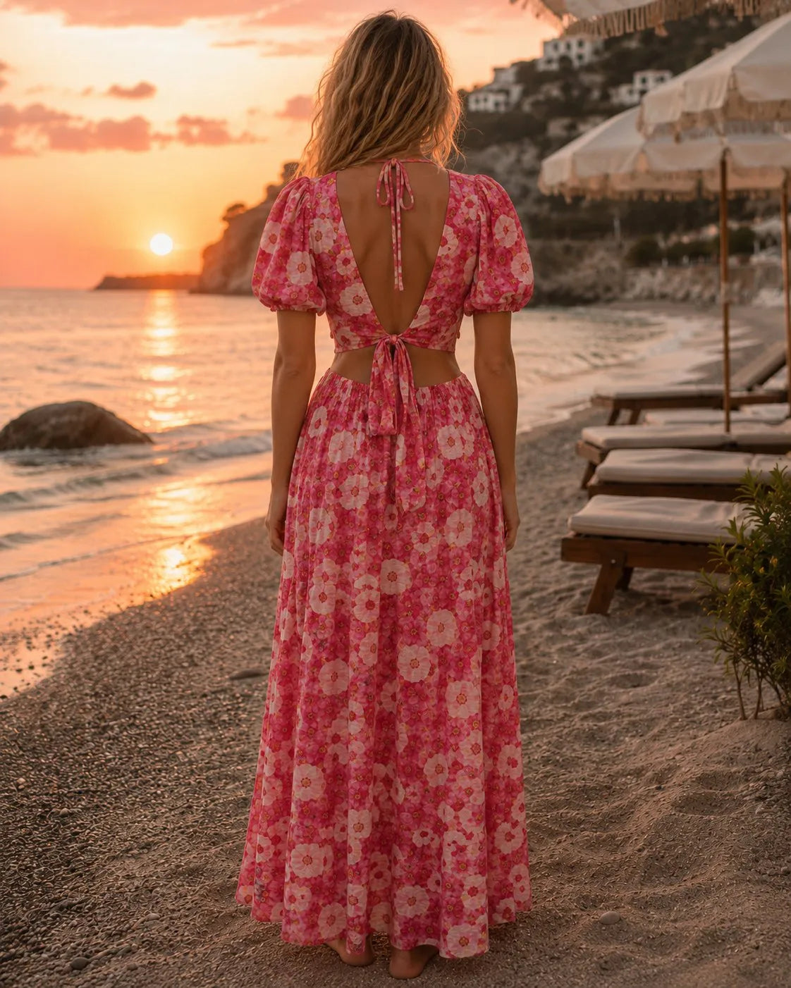 Robe maxi fleurie à découpes et dos nu