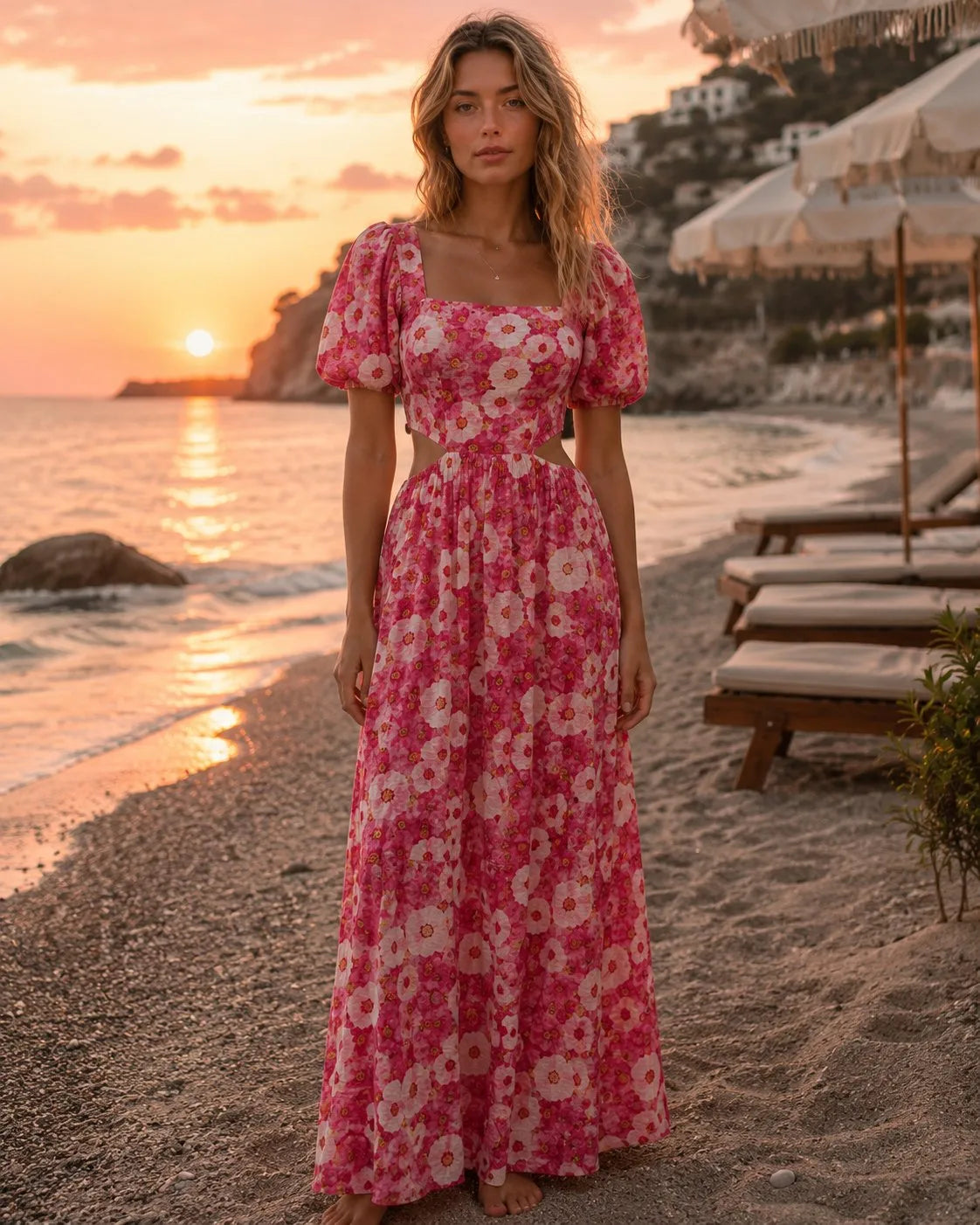 Robe maxi fleurie à découpes et dos nu