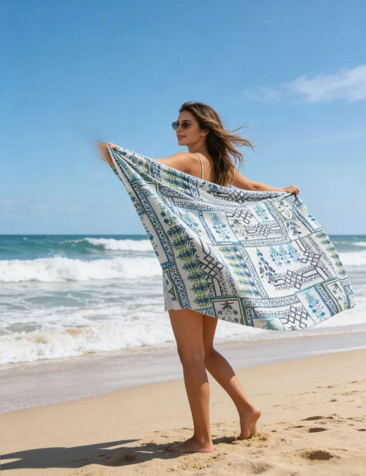Paréo de plage en coton – imprimé bleu, jaune & rouge