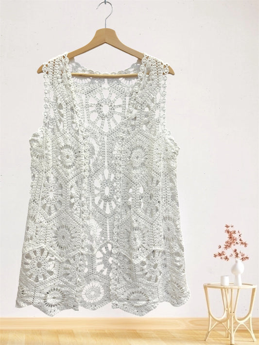 Gilet long sans manches au crochet ajouré – Motifs floraux